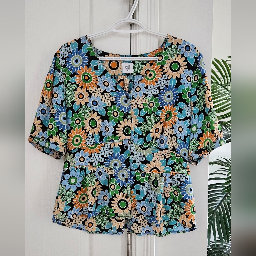 CAbi Floral Print Women's Blouse - Blue, Green, Orange